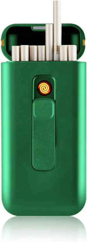 Cigarette Case with Lighter Cigarettes Box Portable 20pcs 100s Slim Cigarettes USB Lighters 2 in 1 Rechargeable Flameless Windproof Electric Lighter (Green)