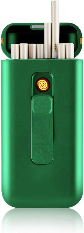 Cigarette Case with Lighter Cigarettes Box Portable 20pcs 100s Slim Cigarettes USB Lighters 2 in 1 Rechargeable Flameless Windproof Electric Lighter (Green)