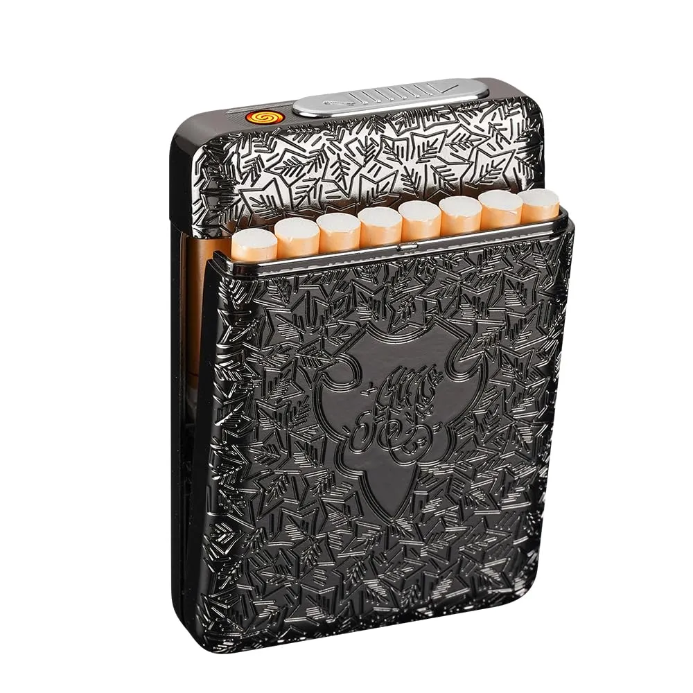 Cigarette Case with USB Lighter 16 pcs 84mm Regular/King Size Cigarettes Electric Rechargeable Flameless Windproof Lighters (Black)