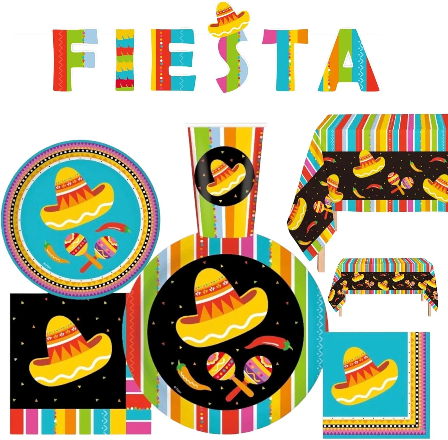 Cinco de Mayo Fiesta Party Supplies – Serves 30 Guests, Includes 9" Dinner Plates, 7" Dessert Plates, 12 oz Cups, 3-Ply Napkins, Mexican Fiesta Theme Party Decorations & Tableware by Oojami
