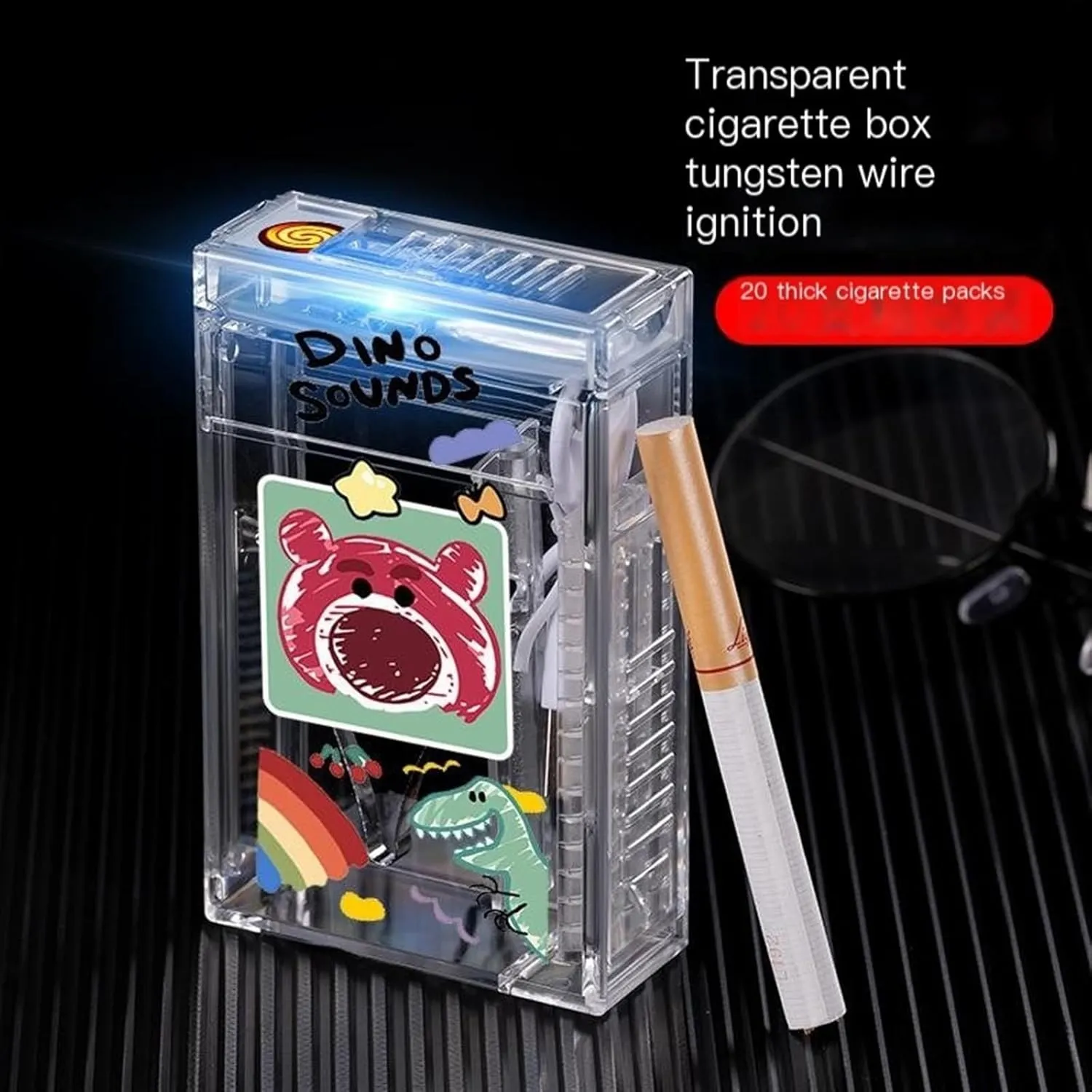 Clear Case Lighter, USB Rechargeable, Windproof, Waterproof, 2-in-1 Portable Lighter, Holds 20 Packs of Cigarettes (Color : E)