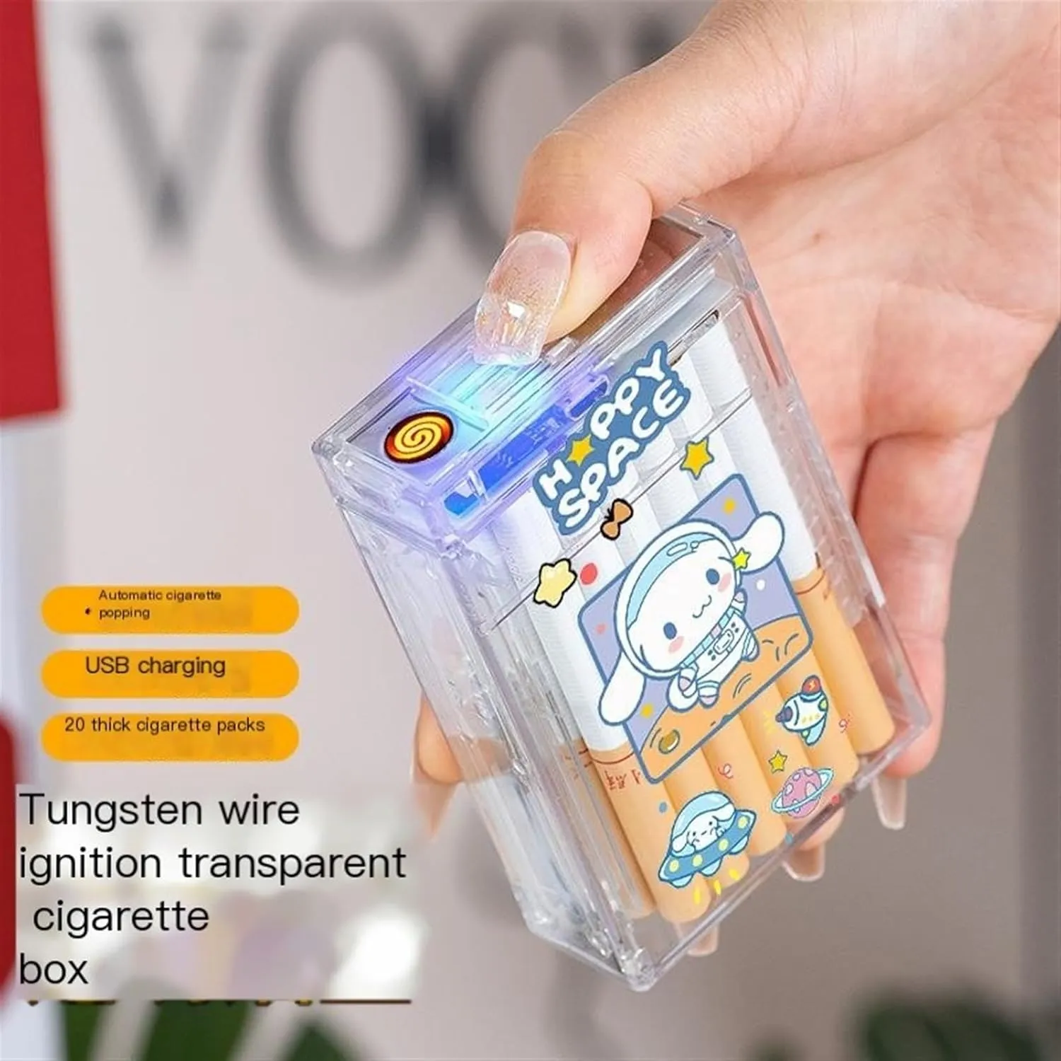 Clear Case Lighter, USB Rechargeable, Windproof, Waterproof, 2-in-1 Portable Lighter, Holds 20 Packs of Cigarettes (Color : E)
