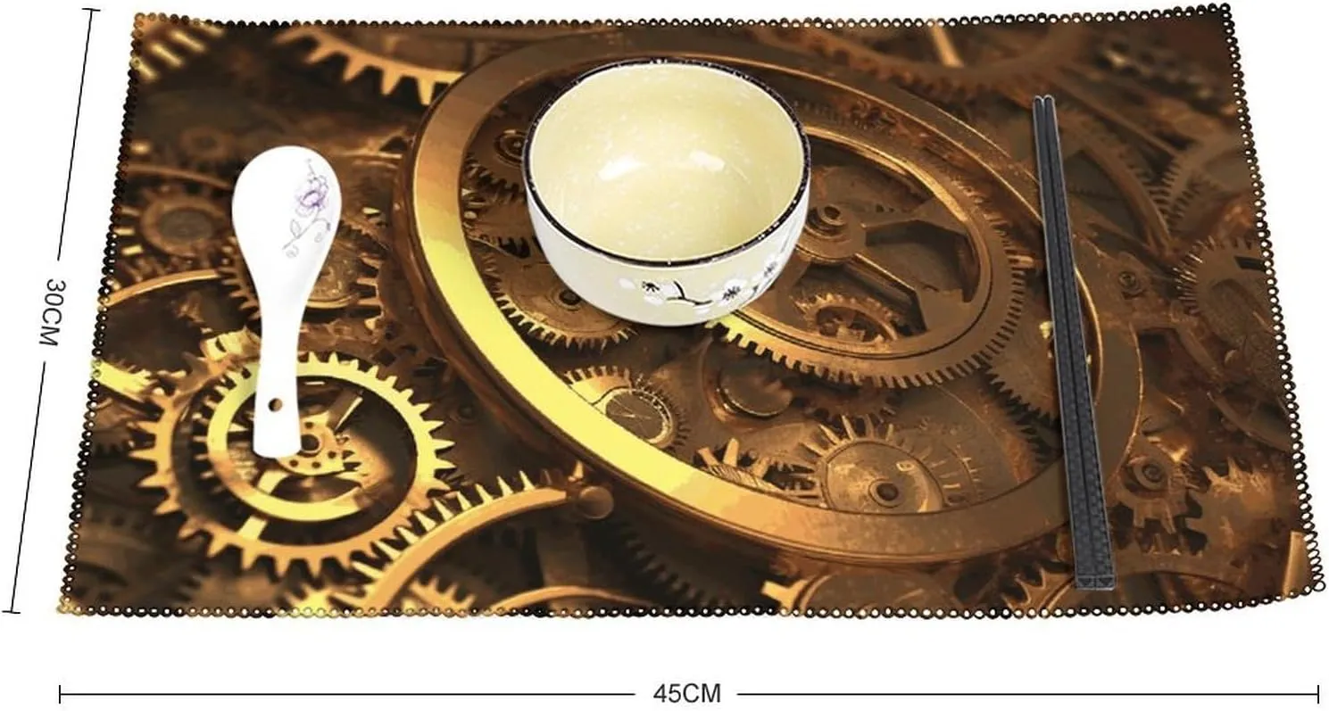 Cloth Placemats Set of 6 Cool Steampunk Gears Printed Heat Resistant Place Mats for Kitchen Table Indoor/Outdoor Washable Placemat Wipeable Dining Table Mats
