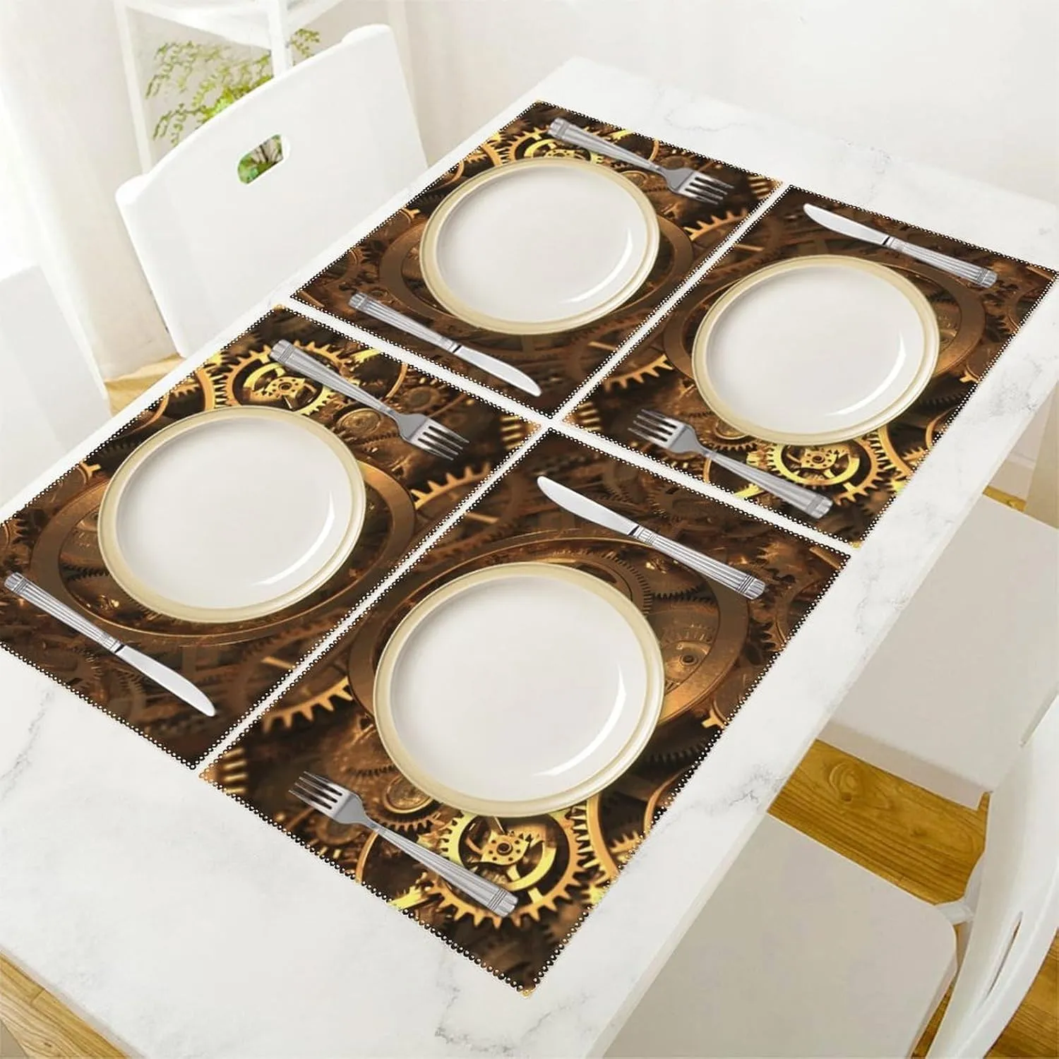Cloth Placemats Set of 6 Cool Steampunk Gears Printed Heat Resistant Place Mats for Kitchen Table Indoor/Outdoor Washable Placemat Wipeable Dining Table Mats