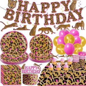 cocomigo 190 PCS Cheetah Birthday Decorations Tableware Set, Cheetah Print Birthday Decorations includes 300 gsm Plates, Balloons, Tablecloth, etc, for Leopard Theme Party Supplies Serves 25 Guests