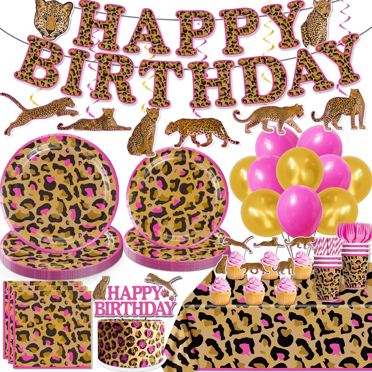 cocomigo 190 PCS Cheetah Birthday Decorations Tableware Set, Cheetah Print Birthday Decorations includes 300 gsm Plates, Balloons, Tablecloth, etc, for Leopard Theme Party Supplies Serves 25 Guests