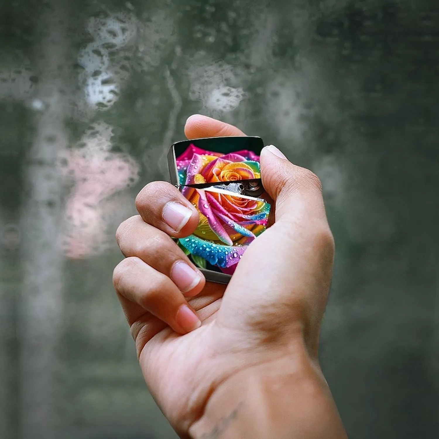 Colorful Rose with WaterLighter Case Waterproof Lighter Sleeve Lighters Protective Cover with Graffiti Design