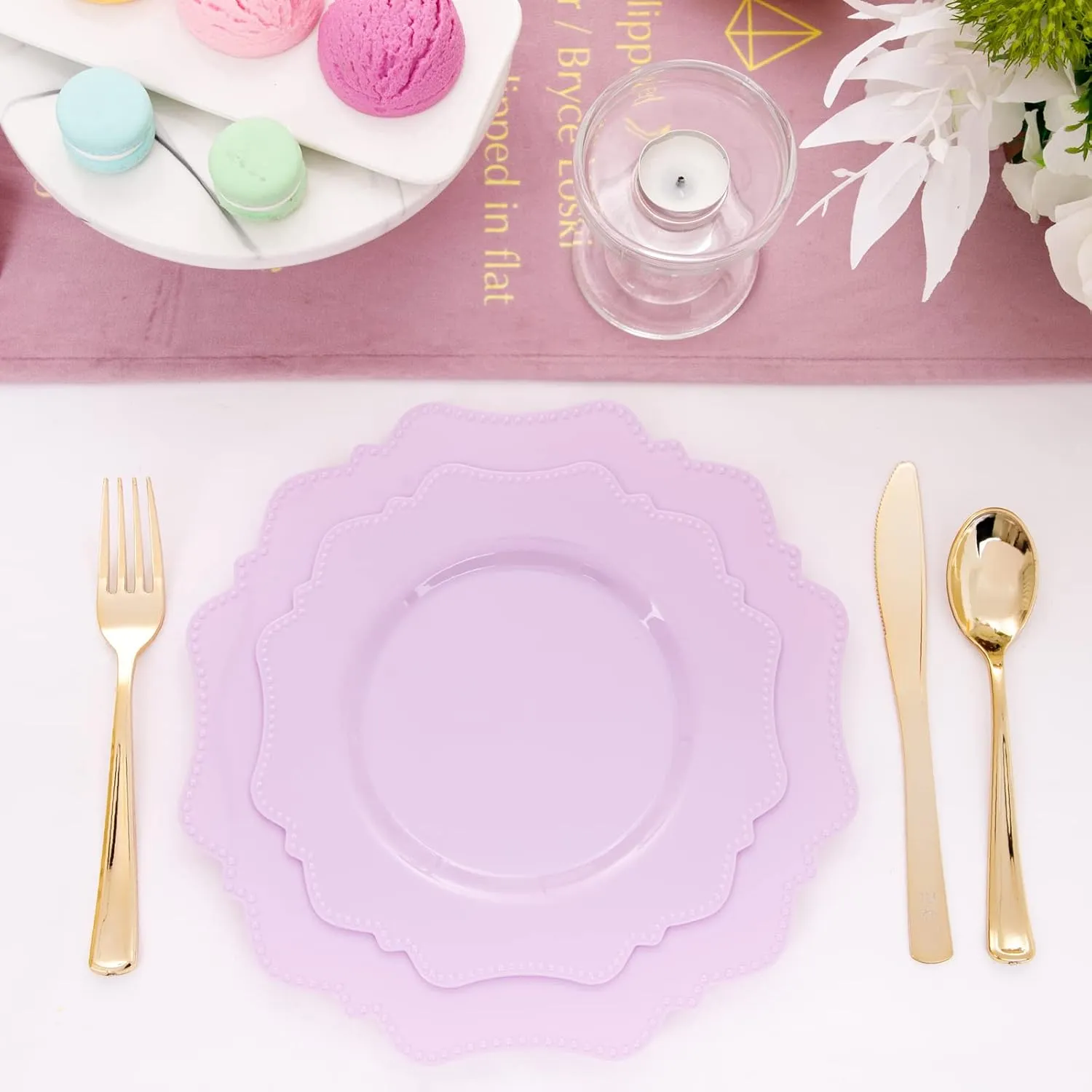 COLOSUS Disposable Lavender Purple Plastic Party Plates 60Pcs set Heavy Duty 30 Dinner plate 10.5” and 30 Salad/Dessert Plate 8.25” for Easter day Party Dinner