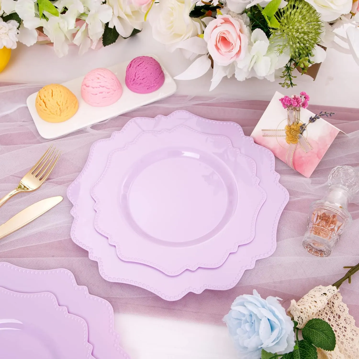 COLOSUS Disposable Lavender Purple Plastic Party Plates 60Pcs set Heavy Duty 30 Dinner plate 10.5” and 30 Salad/Dessert Plate 8.25” for Easter day Party Dinner