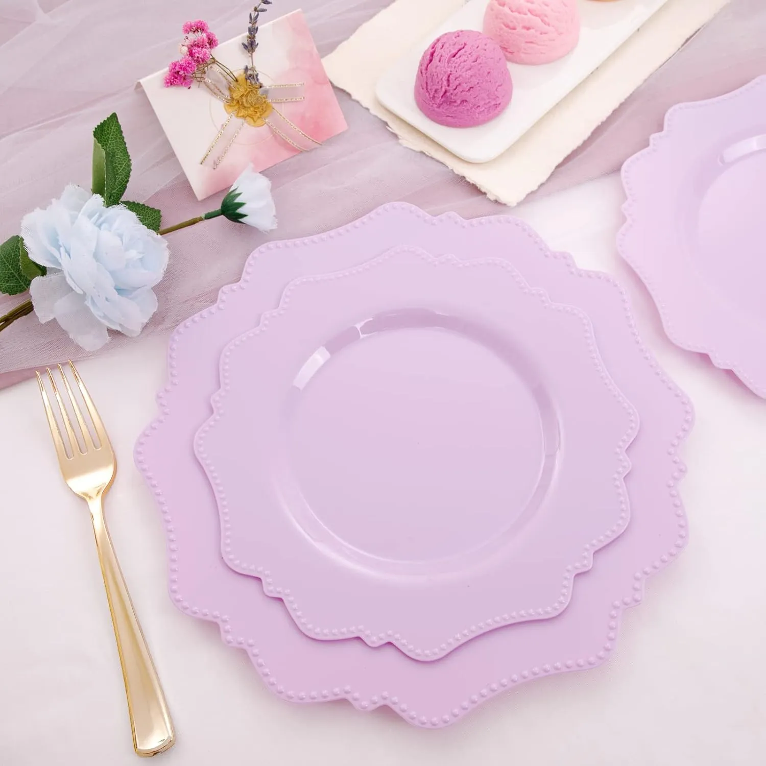COLOSUS Disposable Lavender Purple Plastic Party Plates 60Pcs set Heavy Duty 30 Dinner plate 10.5” and 30 Salad/Dessert Plate 8.25” for Easter day Party Dinner