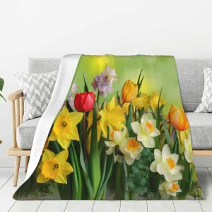 Colourful Flowers Tulips Throw Blankets， Soft Fleece Blanket 60"X50" Couch Cover for Bed Sofa Chair Camping Travel
