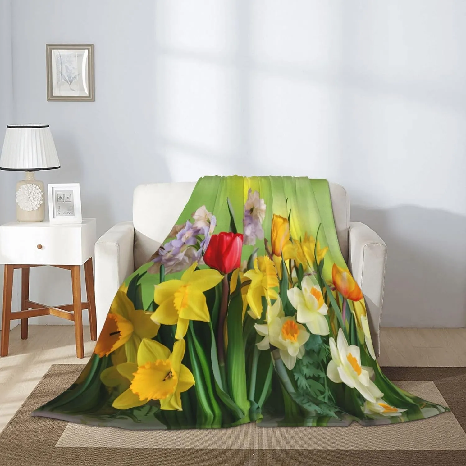 Colourful Flowers Tulips Throw Blankets， Soft Fleece Blanket 60"X50" Couch Cover for Bed Sofa Chair Camping Travel
