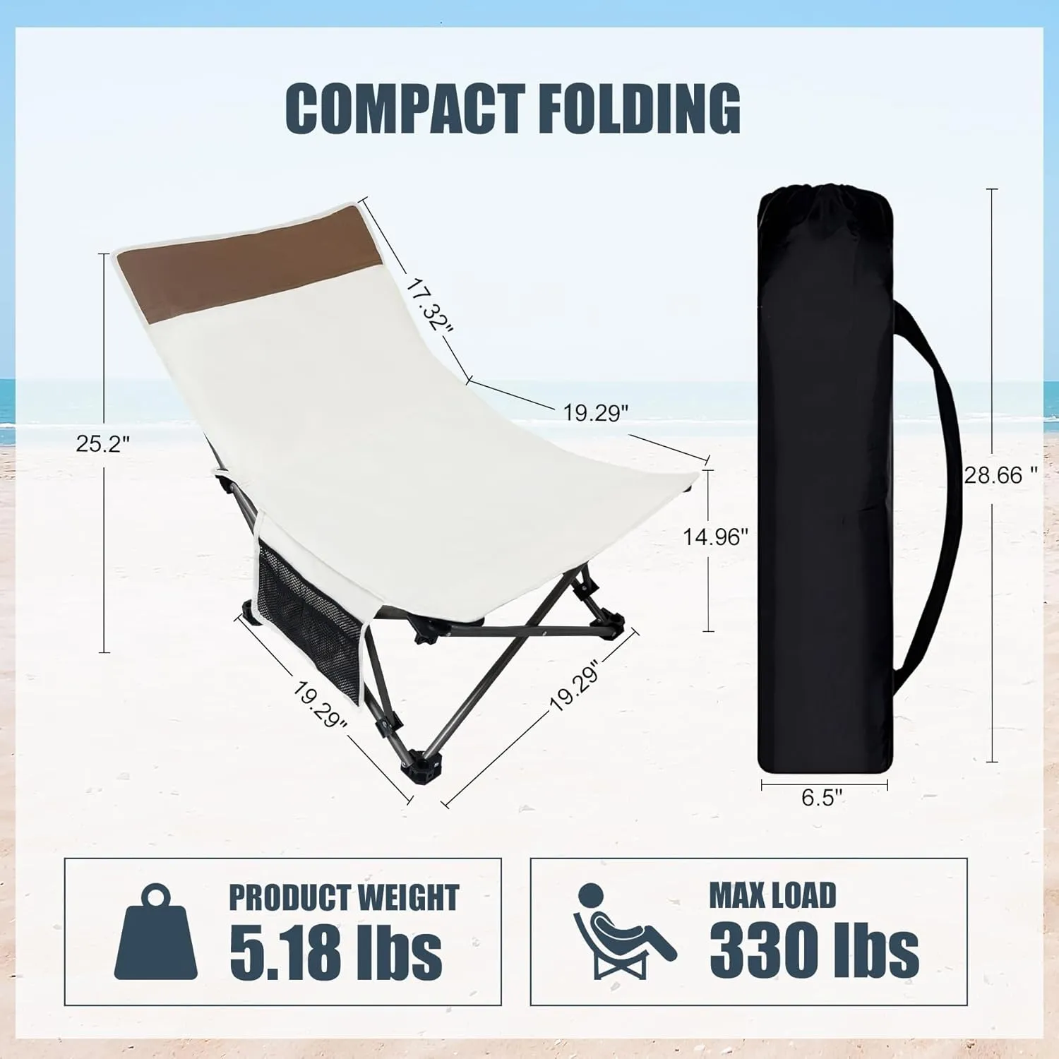 Compact Backpack Beach Chairs 2 Pack with Adjustable Backrest & Side Pocket, Low Folding Camping Chairs for Adults, Portable Reclining Chairs for Beach, Lawn, Travel