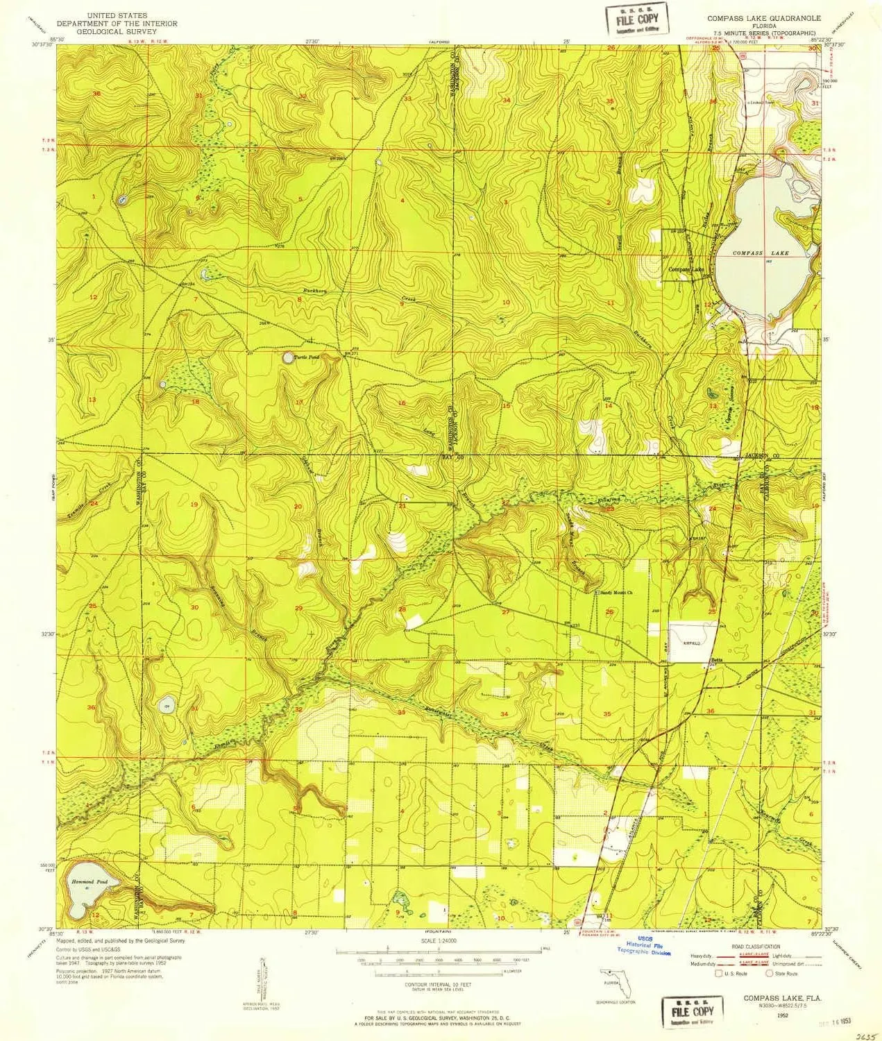 Compass Lake FL topo map, 1:24000 Scale, 7.5 X 7.5 Minute, Historical, 1952, Updated 1953, 26.8 x 22.9 in