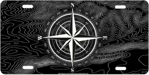 Compass Rose on Black Topographic map Front Plate Decorative Vanity Aluminum Sign Car Tag 12 x 6 inches