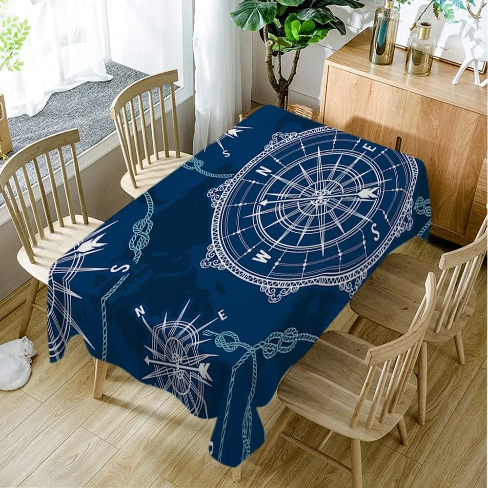 Compass Tablecloth 60x84 Inch World Map Wind Rose Rope Knot Nautical Retro Hand Drawn Navigation Rectangle Picnic Tablecloth BBQ Table Cloth Polyester