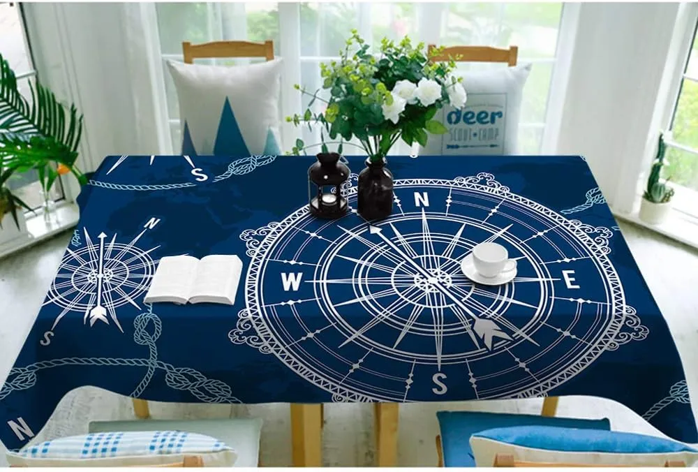 Compass Tablecloth 60x84 Inch World Map Wind Rose Rope Knot Nautical Retro Hand Drawn Navigation Rectangle Picnic Tablecloth BBQ Table Cloth Polyester