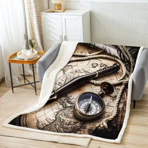 Compass Throw Blanket,Nautical Map Themed Fleece Blanket Sea Ocean Coastal Adventure Fuzzy Blanket,Kids Teens Boys Adults Room Decor Vintage Brown Navigation Sherpa Blanket,for Chair/Sofa,50"×60"