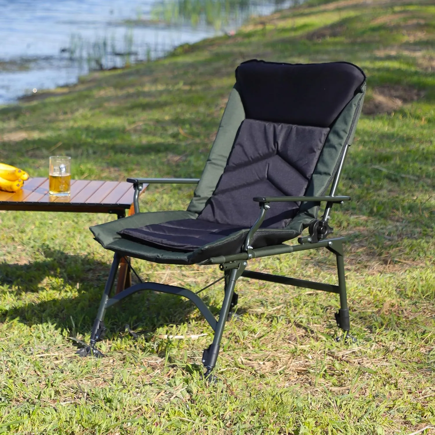 Convenient Portable Folding Reclining Camping Chair, Adjustable Backrest for Outdoor Adventures, Green and Black