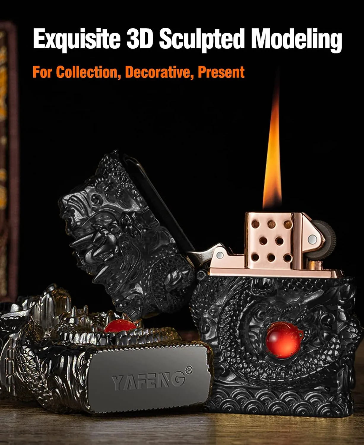Cool Lighters, Windproof Carving Dragon Antique Lighter, Reusable Kerosene Grinding Wheel Lighter for Collection, Decorative, Gift, Present (Without Fuel) (Black)