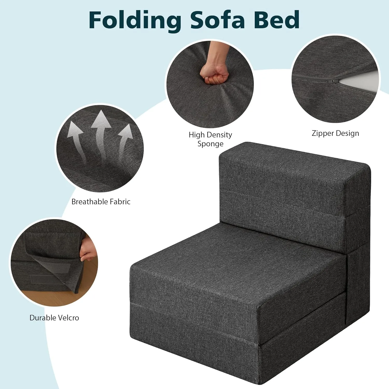 COOVA Folding Sofa Bed Single Size - Memory Foam Futon Sleeper Chair Guest Bed with Washable Cover, Floor Sofa and Sleeping Mat for Living Room/Office/Guest Room/Apartment,Dark Grey