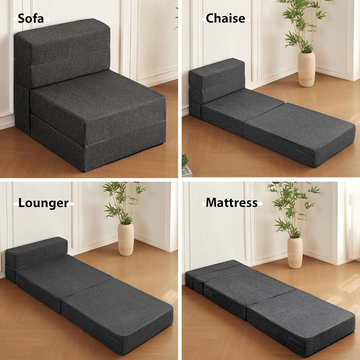COOVA Folding Sofa Bed Single Size - Memory Foam Futon Sleeper Chair Guest Bed with Washable Cover, Floor Sofa and Sleeping Mat for Living Room/Office/Guest Room/Apartment,Dark Grey