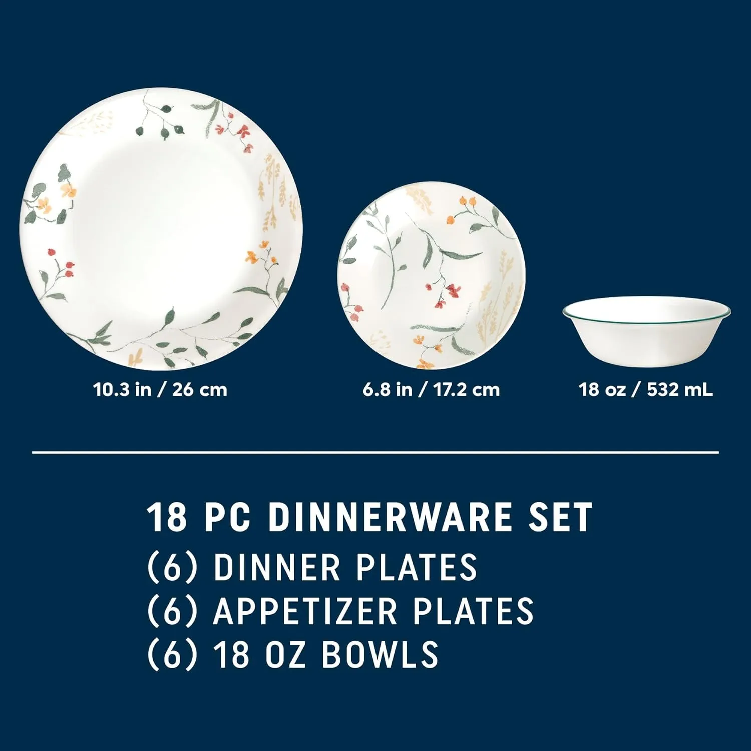 Corelle Vitrelle 18 Piece Wildflower Glass Dinnerware Sets, Service for 6 & 6-Piece Winter Frost White Salad Plates
