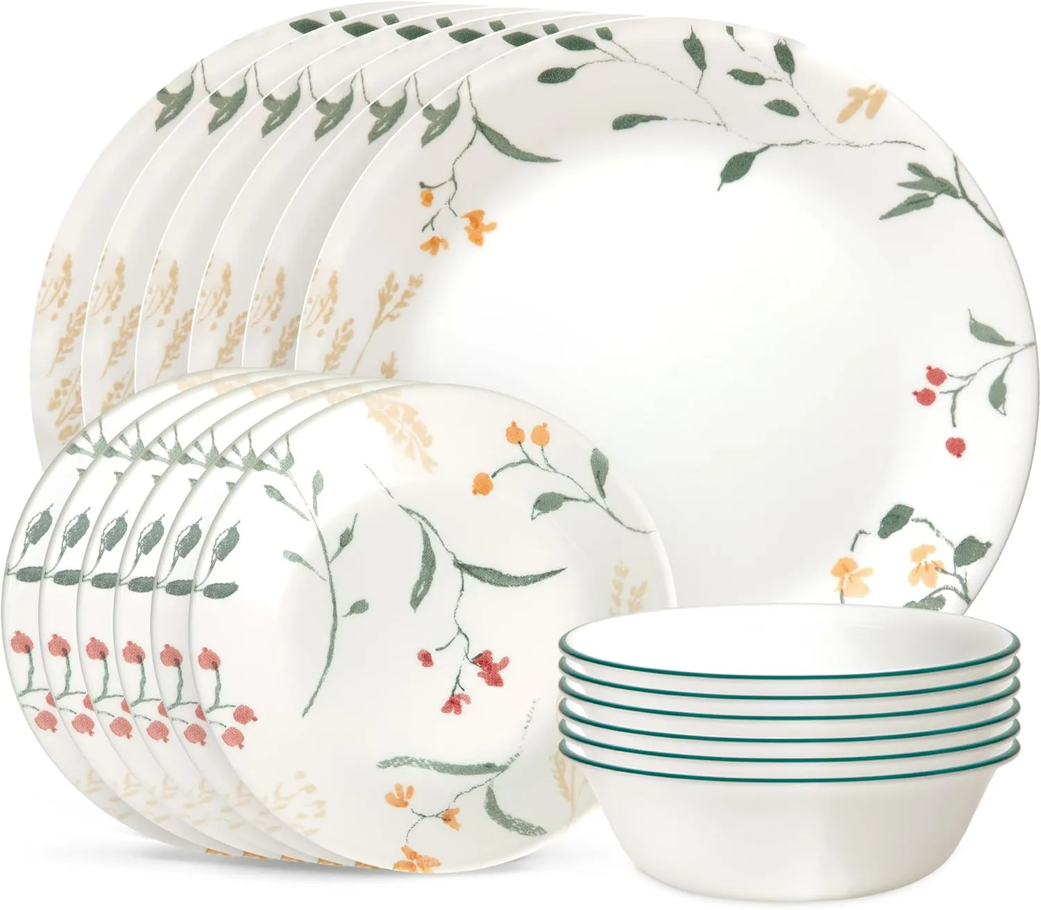 Corelle Vitrelle 18 Piece Wildflower Glass Dinnerware Sets, Service for 6 & 6-Piece Winter Frost White Salad Plates