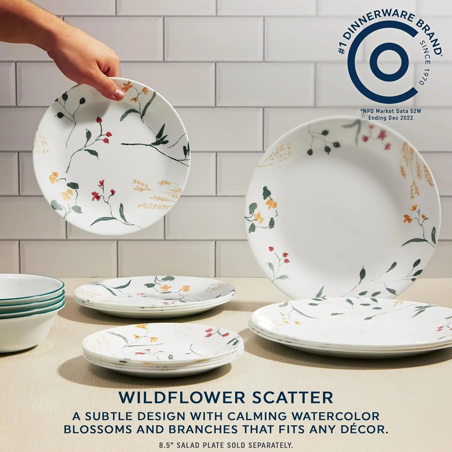 Corelle Vitrelle 18 Piece Wildflower Glass Dinnerware Sets, Service for 6 & 6-Piece Winter Frost White Salad Plates