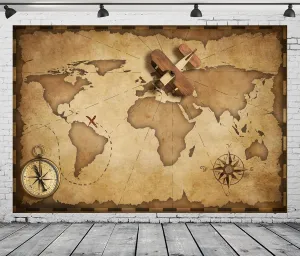 CORFOTO 7x5ft Fabric Vintage World Map Backdrop Airplane Compass Treasure Map Party Decorations Navigation Travel Themed Birthday Party Decor Baby Shower Kids Adults Portrait Photo Shoot Studio Props