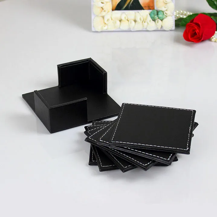 Cosmo 7PCS Square 2 Sides PU Leather Coaster Set - Black