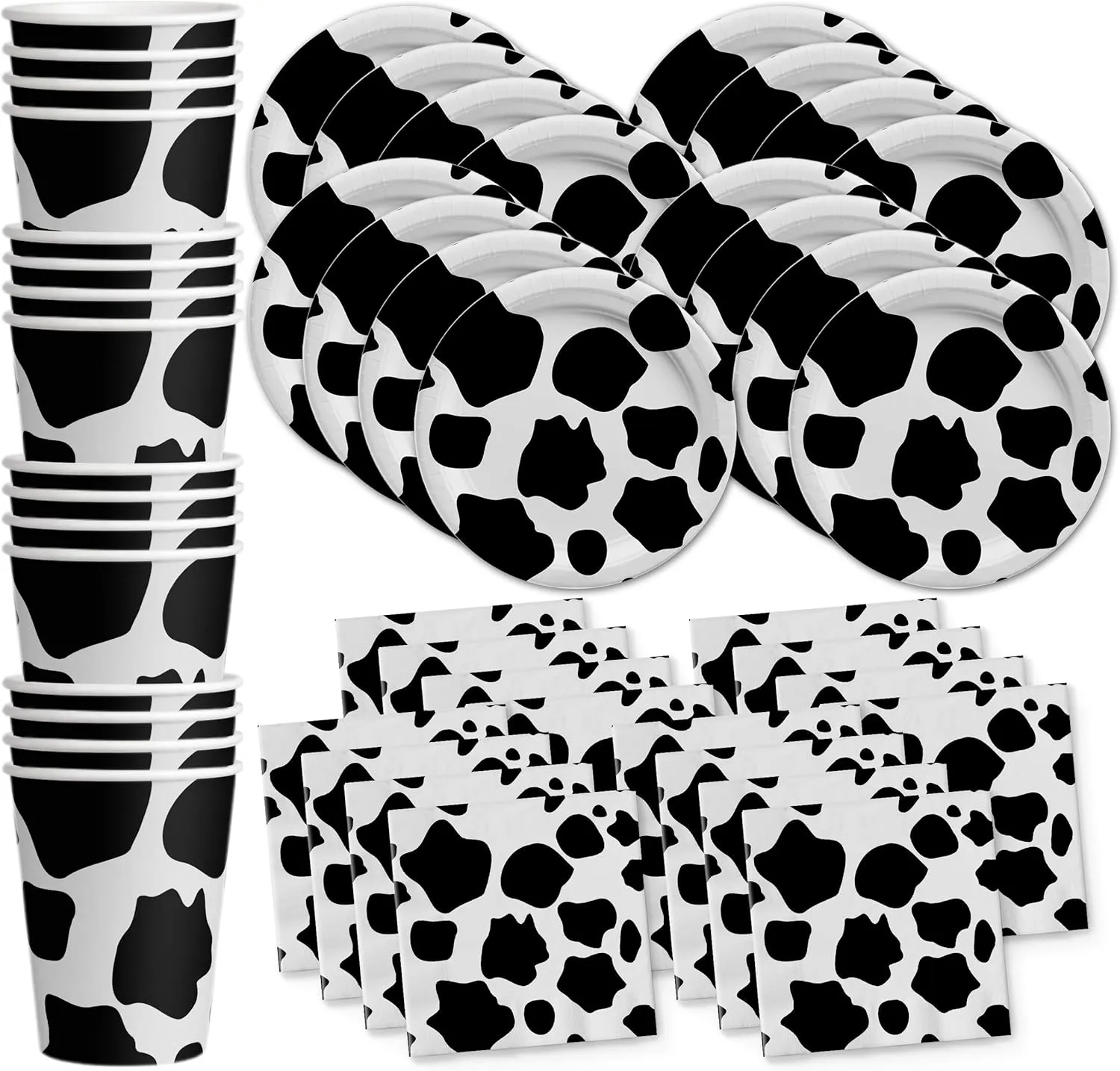 Cow Print Farm Animal Party Supplies - Cow Girl Party Supplies - Tabelware Set Includes Plates, Napkins and Cups | Kit for 16