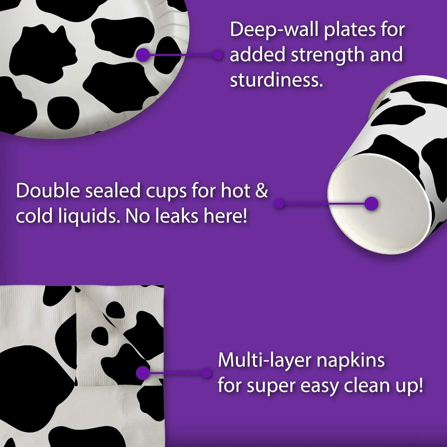 Cow Print Farm Animal Party Supplies - Cow Girl Party Supplies - Tabelware Set Includes Plates, Napkins and Cups | Kit for 16