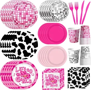 Cowgirl Birthday Party Decorations, 144Pcs Disco Cowgirl Party Decorations Tableware Includes Pink Cowgirl Plates and Napkins Disco Cups for Western Cowgirl Disco Bachelorette Party Decorations