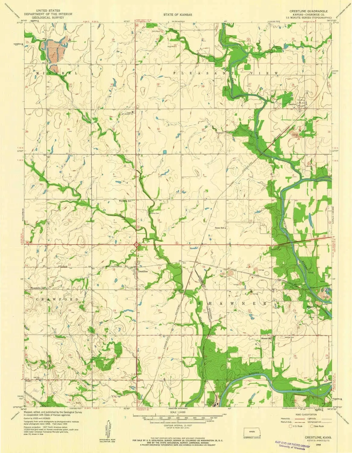 Crestline KS topo map, 1:24000 Scale, 7.5 X 7.5 Minute, Historical, 1959, Updated 1960, 26.84 x 20.83 in