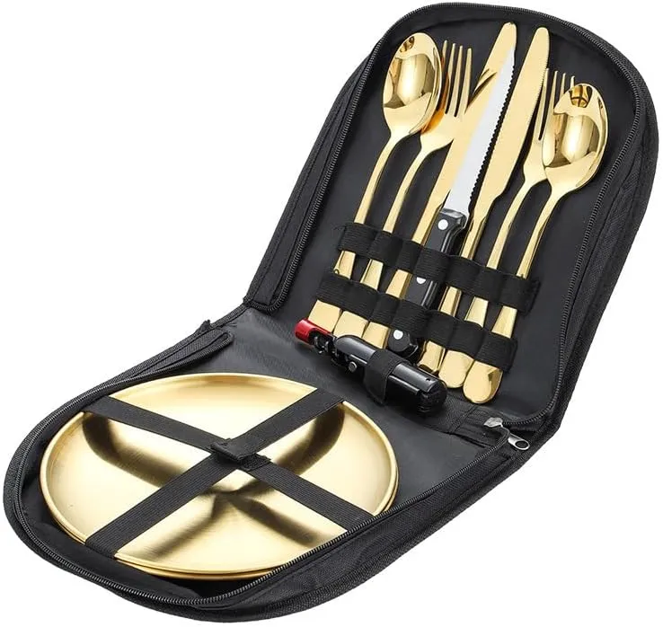 Cutlery Set Pieces Service Stainless Steel Titanium Flatware,Silverware Flatware Cutlery Set， 304 Stainless Steel Outdoor Camping Tableware Set for Two， Wooden Handle Knife， Fork， Spoon， St