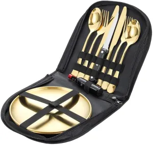 Cutlery Set Pieces Service Stainless Steel Titanium Flatware,Silverware Flatware Cutlery Set， 304 Stainless Steel Outdoor Camping Tableware Set for Two， Wooden Handle Knife， Fork， Spoon， St