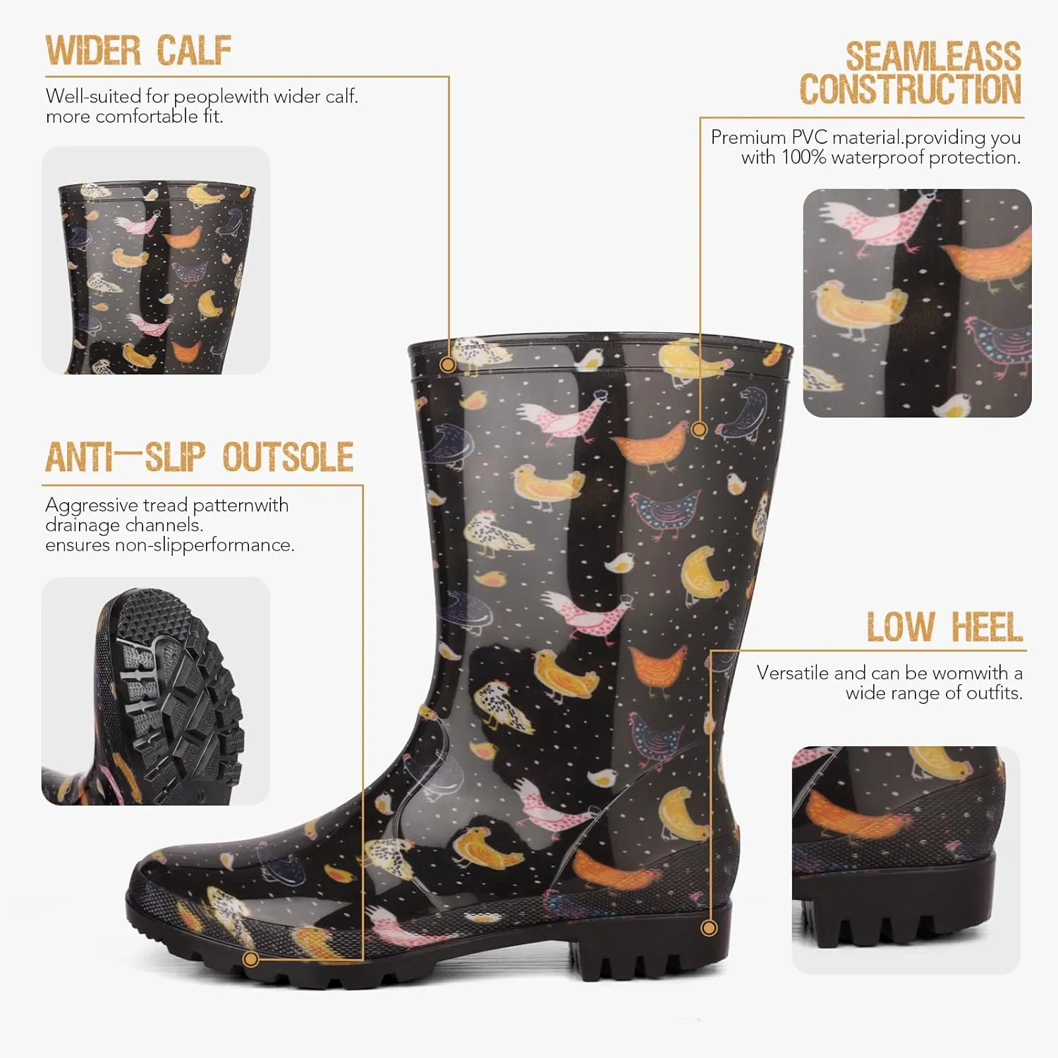 DaeRainy Women's Mid-calf Rain Boots Waterproof Non-slip for Gardens,Fishing,Farm,Outdoor Work Boots