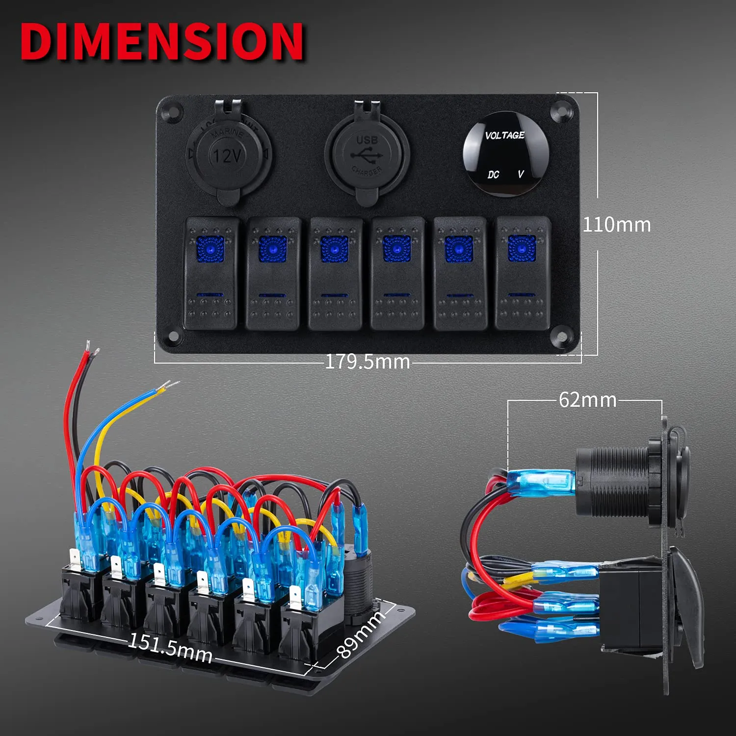 DaierTek 6 Gang Marine Rocker Switch Panel Waterproof 12 Volt, Boat Toggle Switch Panel 12V Blue LED Lighted for Boat Car RV UTV with USB Cigarette Lighter Socket Voltmeter