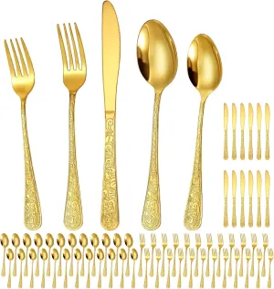 Dandat 60 Pcs Vintage Carved Gold Silverware Set for 12 Stainless Steel Retro Royal Flatware Tableware Cutlery Utensils Set Including Fork Spoon and Knife for Kitchen Restaurant Wedding Home
