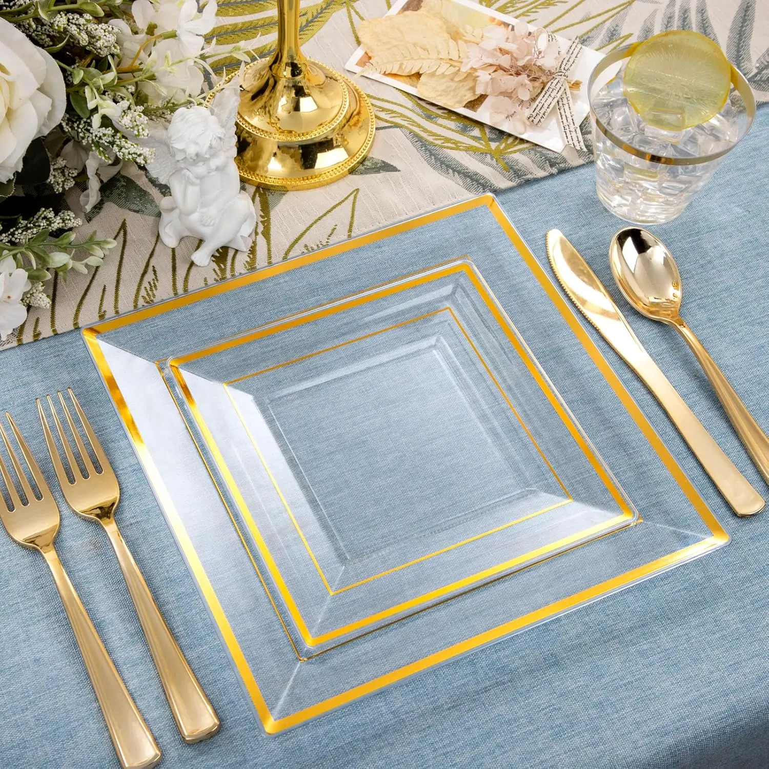 DaYammi 175 PCS Clear Gold Plastic Plates,Gold Plastic Dinnerware Sets,Includes: 25 Dinner Plates,25 Salad Plates,25 Pre Rolled Napkins with silverware,25 Cups 9 OZ, Perfect for Wedding and Party