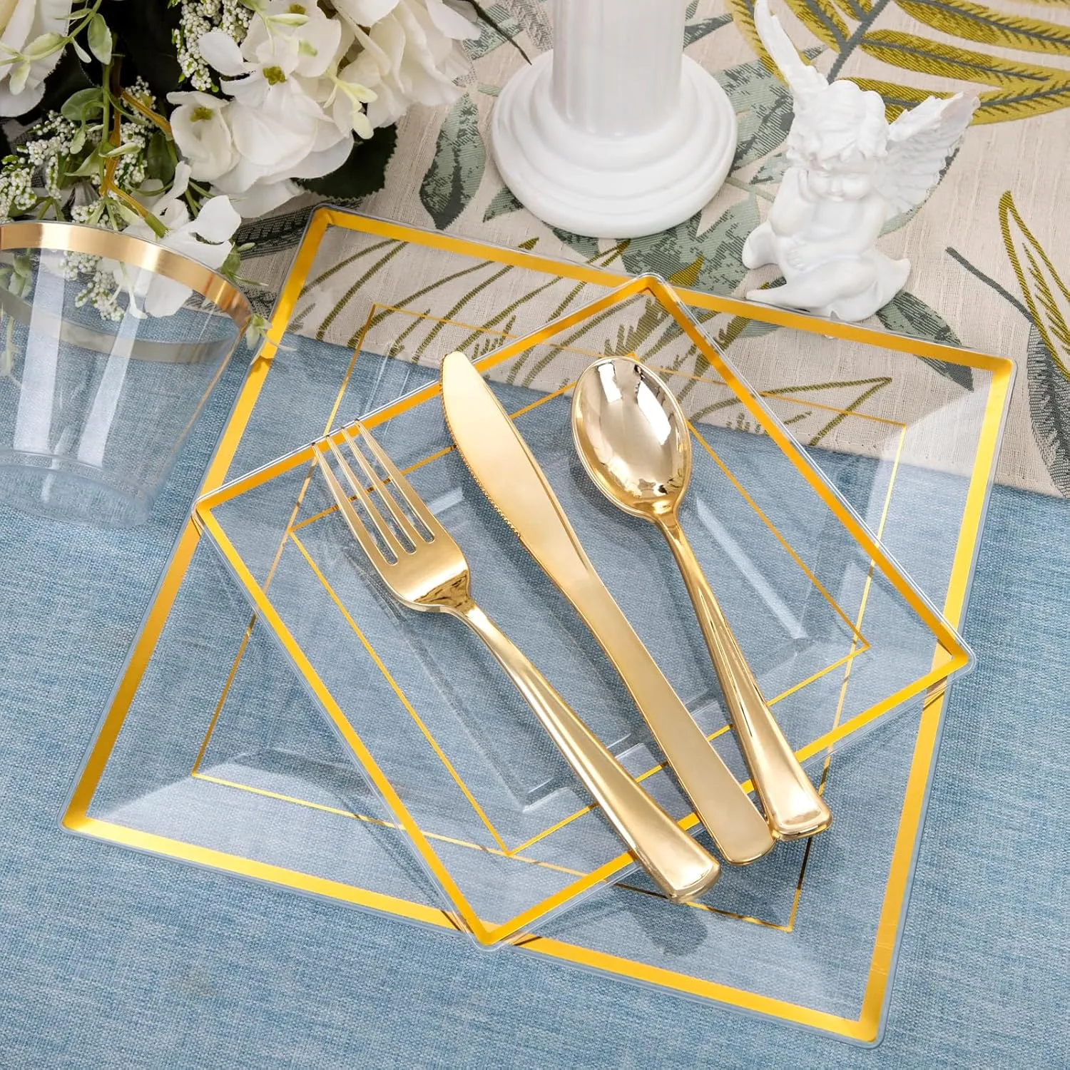 DaYammi 175 PCS Clear Gold Plastic Plates,Gold Plastic Dinnerware Sets,Includes: 25 Dinner Plates,25 Salad Plates,25 Pre Rolled Napkins with silverware,25 Cups 9 OZ, Perfect for Wedding and Party