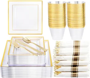 DaYammi 175 PCS Clear Gold Plastic Plates,Gold Plastic Dinnerware Sets,Includes: 25 Dinner Plates,25 Salad Plates,25 Pre Rolled Napkins with silverware,25 Cups 9 OZ, Perfect for Wedding and Party