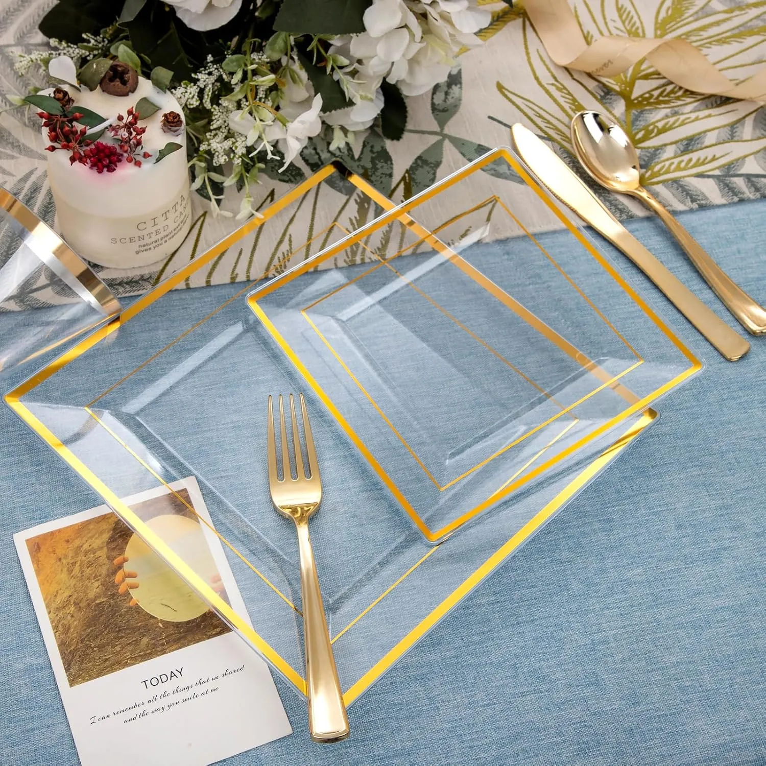 DaYammi 175 PCS Clear Gold Plastic Plates,Gold Plastic Dinnerware Sets,Includes: 25 Dinner Plates,25 Salad Plates,25 Pre Rolled Napkins with silverware,25 Cups 9 OZ, Perfect for Wedding and Party