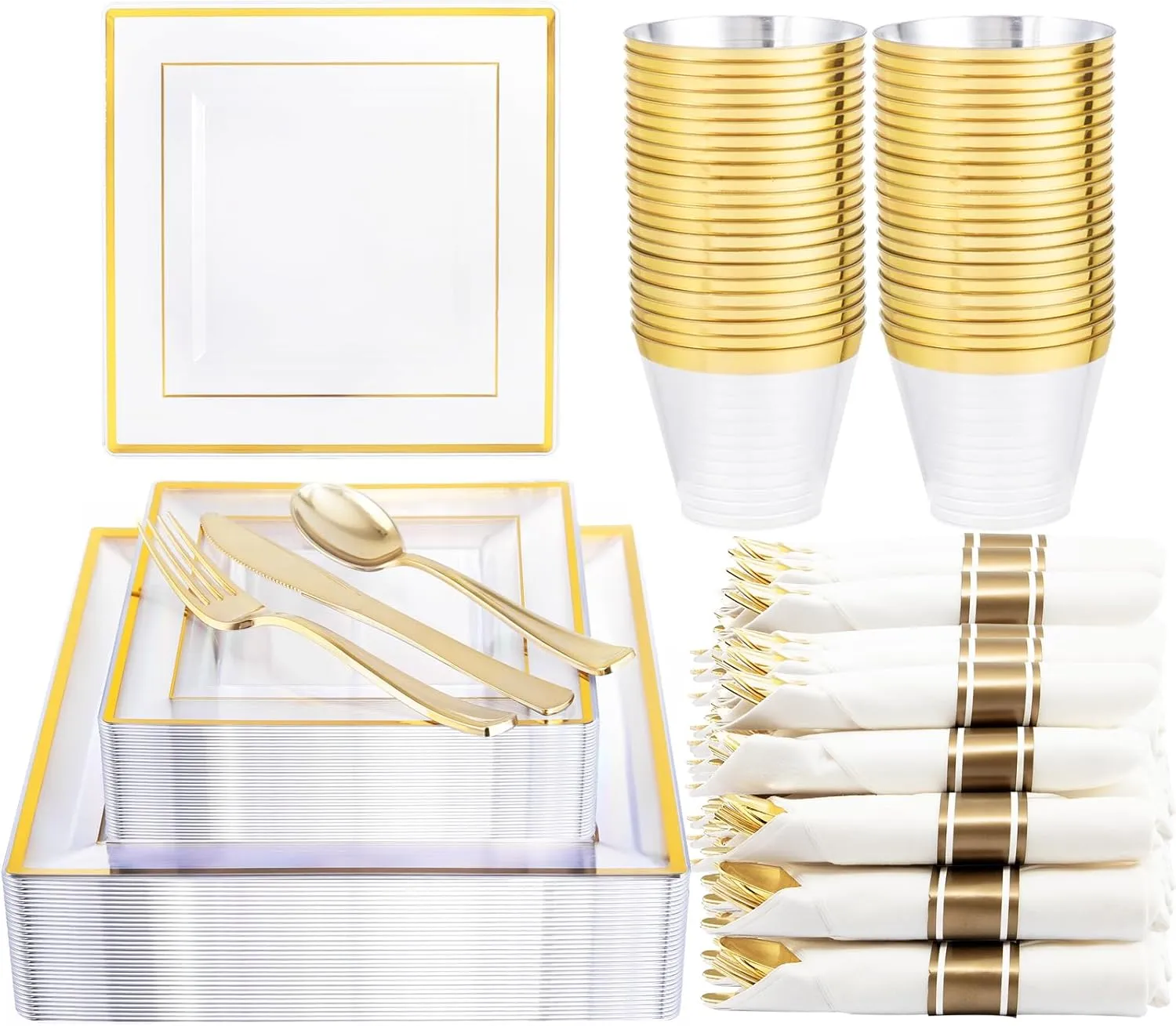 DaYammi 175 PCS Clear Gold Plastic Plates,Gold Plastic Dinnerware Sets,Includes: 25 Dinner Plates,25 Salad Plates,25 Pre Rolled Napkins with silverware,25 Cups 9 OZ, Perfect for Wedding and Party