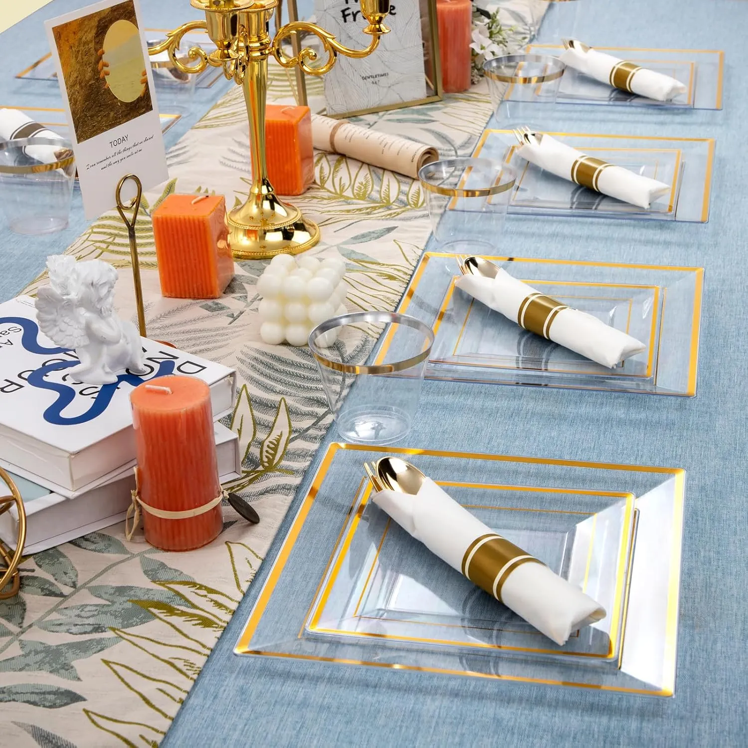 DaYammi 175 PCS Clear Gold Plastic Plates,Gold Plastic Dinnerware Sets,Includes: 25 Dinner Plates,25 Salad Plates,25 Pre Rolled Napkins with silverware,25 Cups 9 OZ, Perfect for Wedding and Party