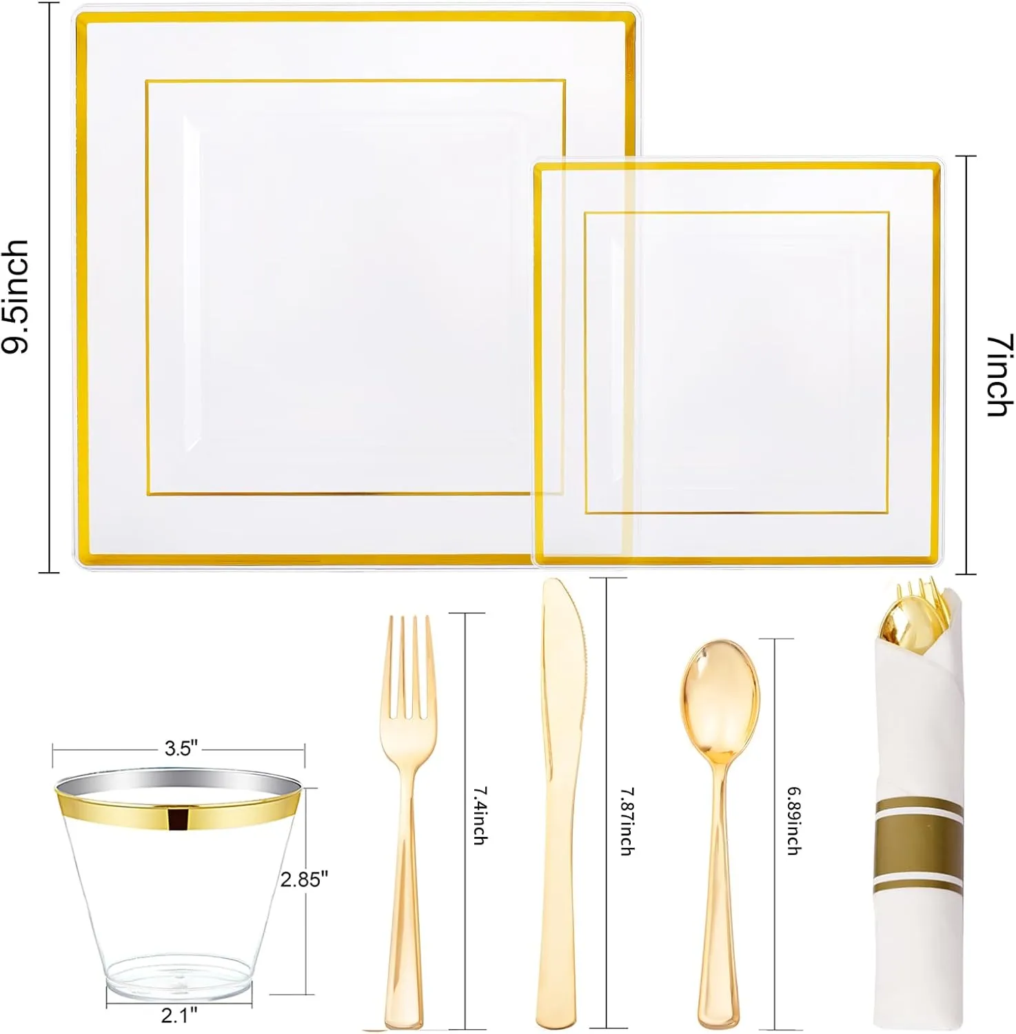 DaYammi 175 PCS Clear Gold Plastic Plates,Gold Plastic Dinnerware Sets,Includes: 25 Dinner Plates,25 Salad Plates,25 Pre Rolled Napkins with silverware,25 Cups 9 OZ, Perfect for Wedding and Party
