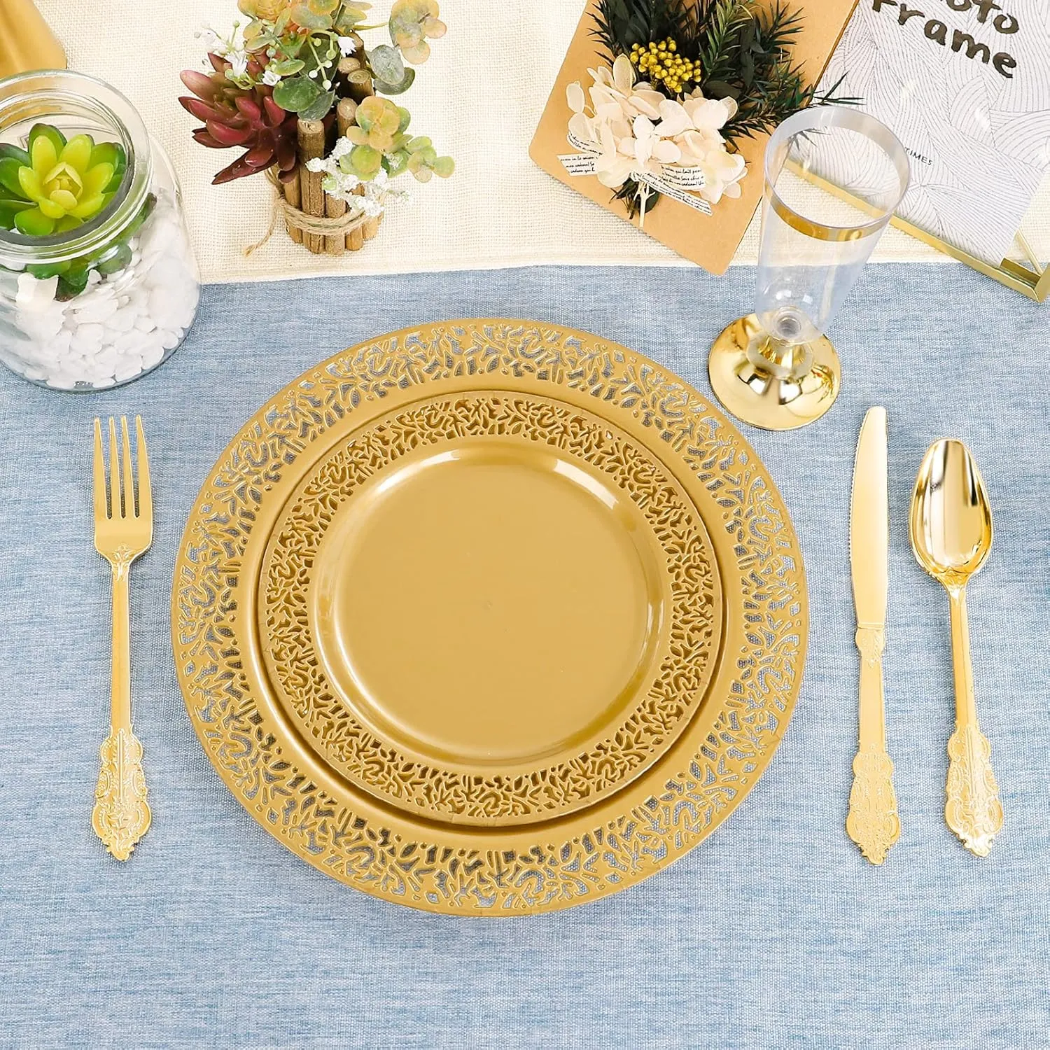 DaYammi 210PCS Solid Gold Disposable Plates with Gold Plastic Silverware and Cups for Party, Plastic Plates Include: 30 Dinner Plates 30 Dessert Platos 30 Rolled Napkins with Cutlery 30 Cups