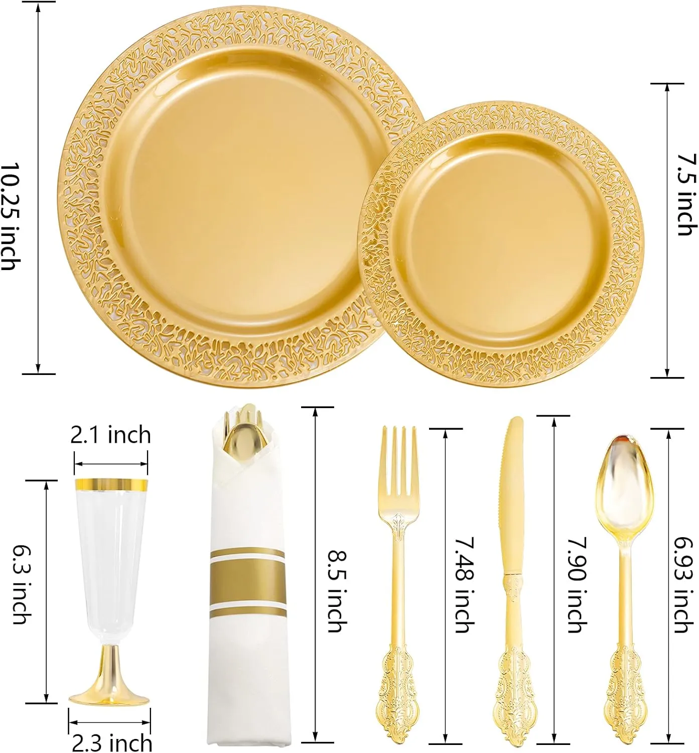 DaYammi 210PCS Solid Gold Disposable Plates with Gold Plastic Silverware and Cups for Party, Plastic Plates Include: 30 Dinner Plates 30 Dessert Platos 30 Rolled Napkins with Cutlery 30 Cups
