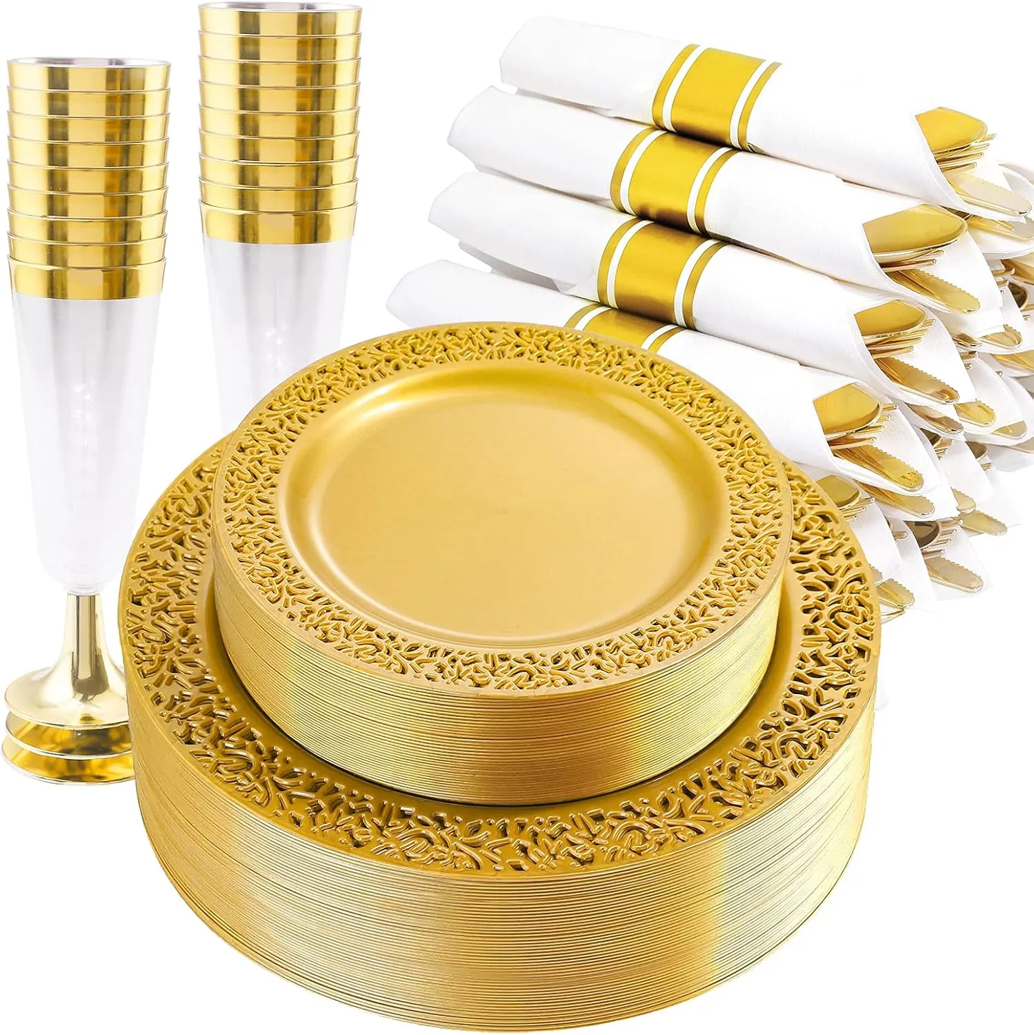 DaYammi 210PCS Solid Gold Disposable Plates with Gold Plastic Silverware and Cups for Party, Plastic Plates Include: 30 Dinner Plates 30 Dessert Platos 30 Rolled Napkins with Cutlery 30 Cups